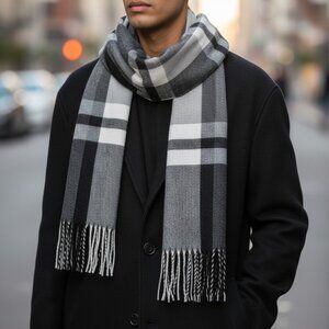 2/$30 Men's Classic Plaid Scarf Black Grey White Brushed Cashmere Feel Long